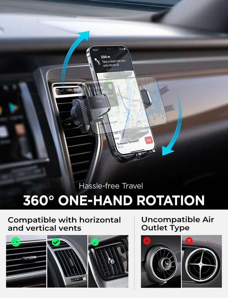 LISEN Car Vent Phone Mount, Upgrade Phone Holders for Your Car Vent Wider Clamp & Metal Hook Phone Holder [Thick Cases Friendly] 360° Rotation, Air Vent Car Phone Mount for iPhone Smartphones Kits