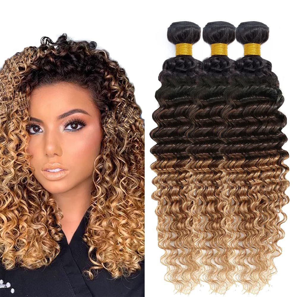 Ombre Bundles Human Hair Honey Blonde Deep Wave Bundles 16 18 20 Inch Brazilian Virgin 1B427 Deep Wave Bundles Human Hair Extensions Three Tone Brown and Honey Blonde Bundles Hair Weave