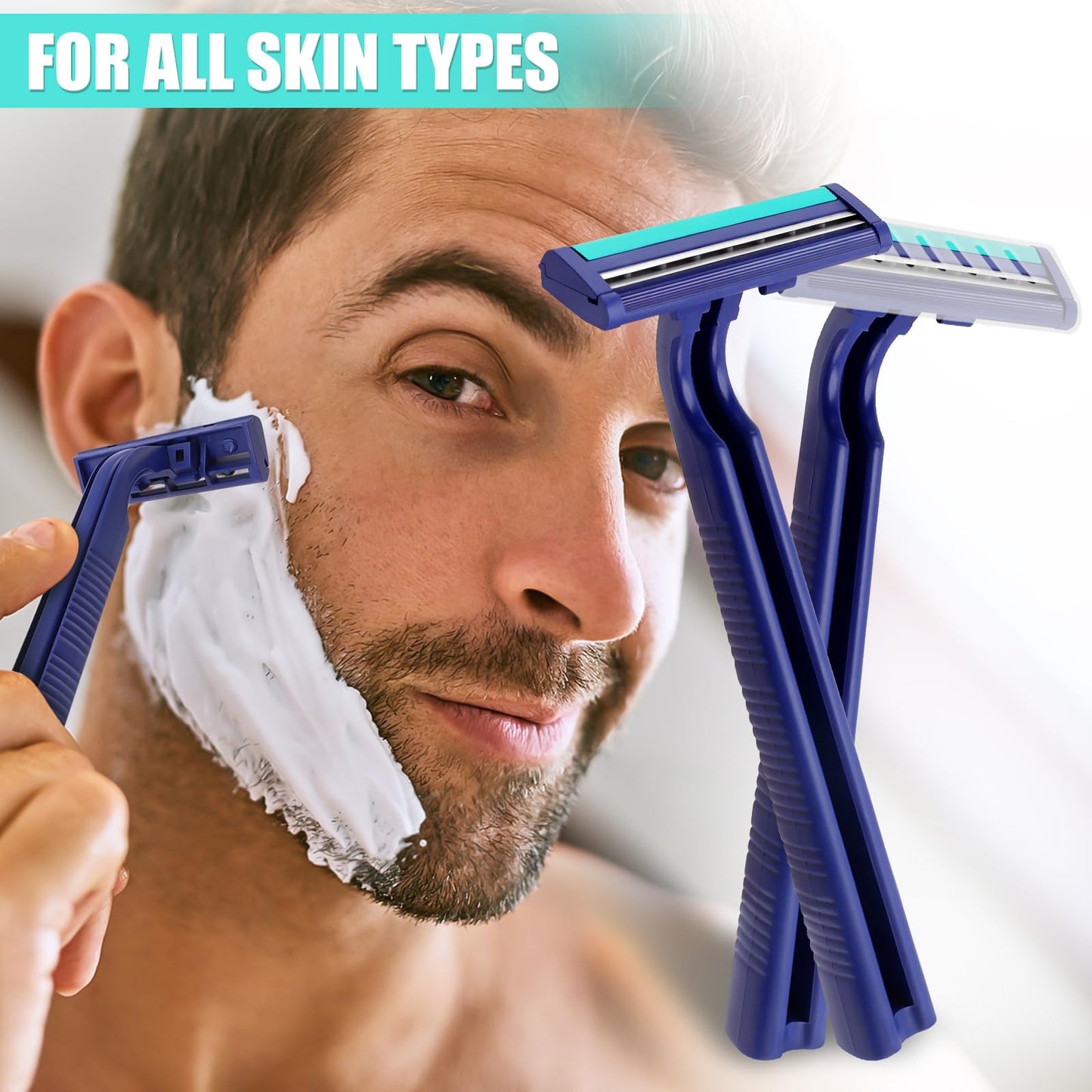MAGDIY Disposable Razors Bulk for Men 100 Pack, Homeless Supplies Bulk, Twin Blade Mens Travel Supply Razor for Shaving, Safety Beard Shavers for Camping Bathing Hotel (Blue)