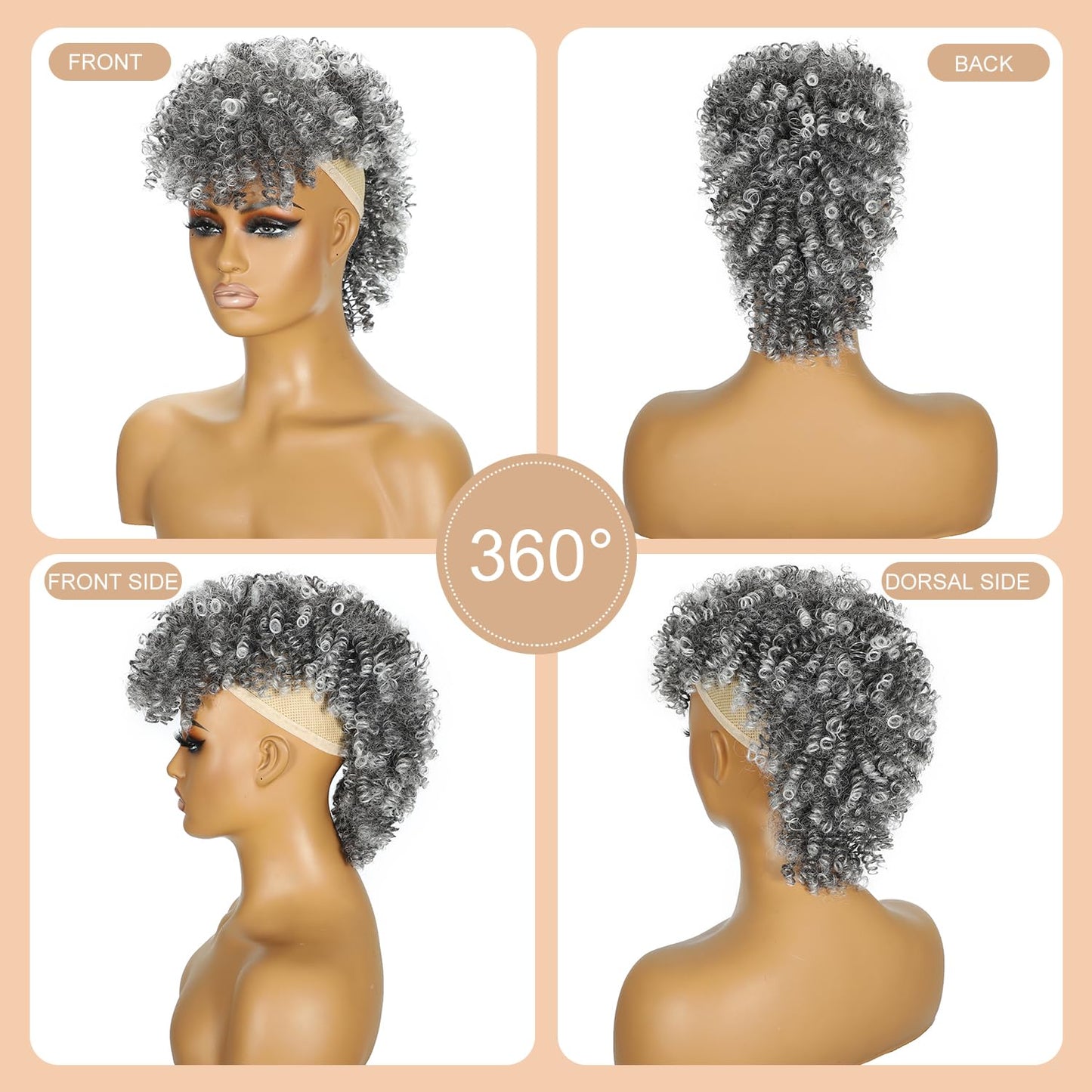 Kinky Curly Mohawk Wig - Short Grey Ponytail with Bangs | Fluffy Synthetic Clip-On Hair 1B/Grey