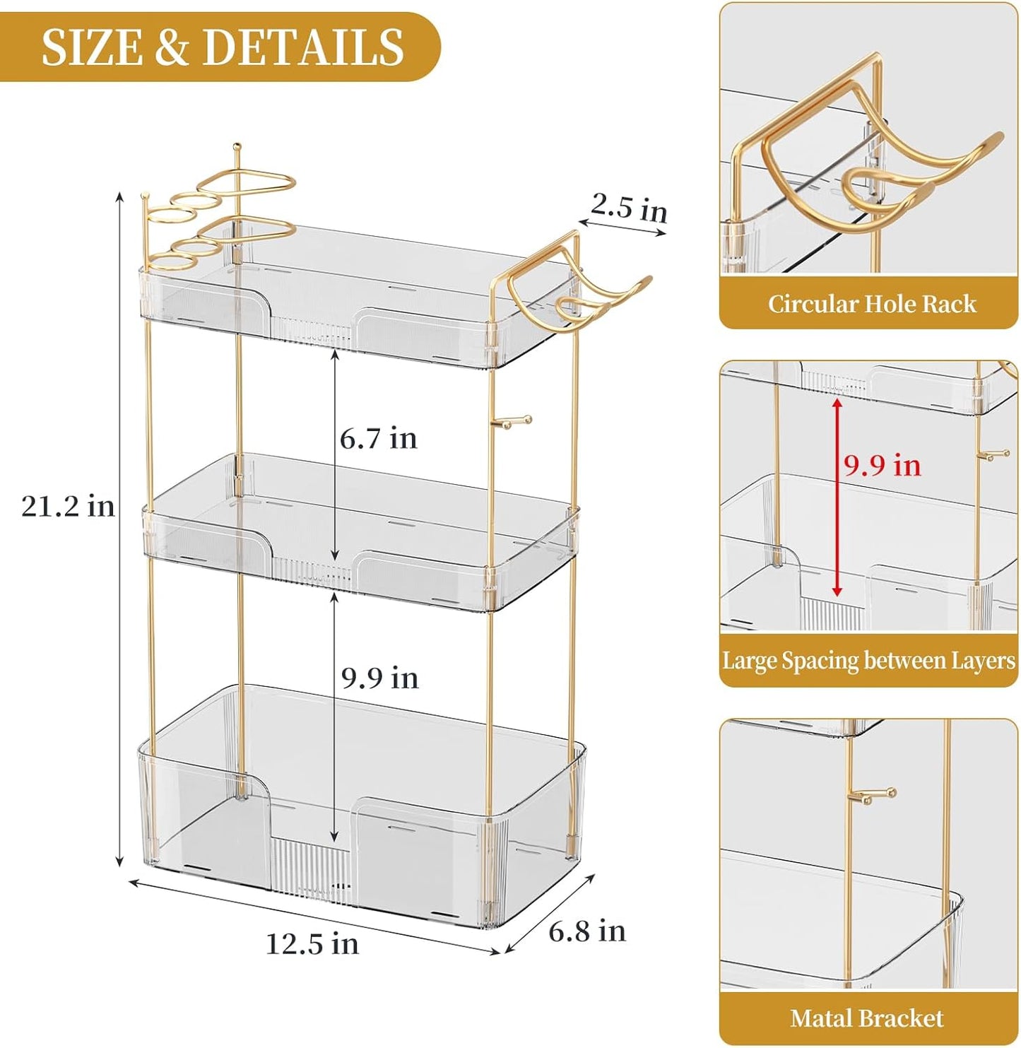 Bathroom Counter Organizer - Large Capacity Makeup & Skincare Storage Rack | 3-Tier Clear Vanity Holder