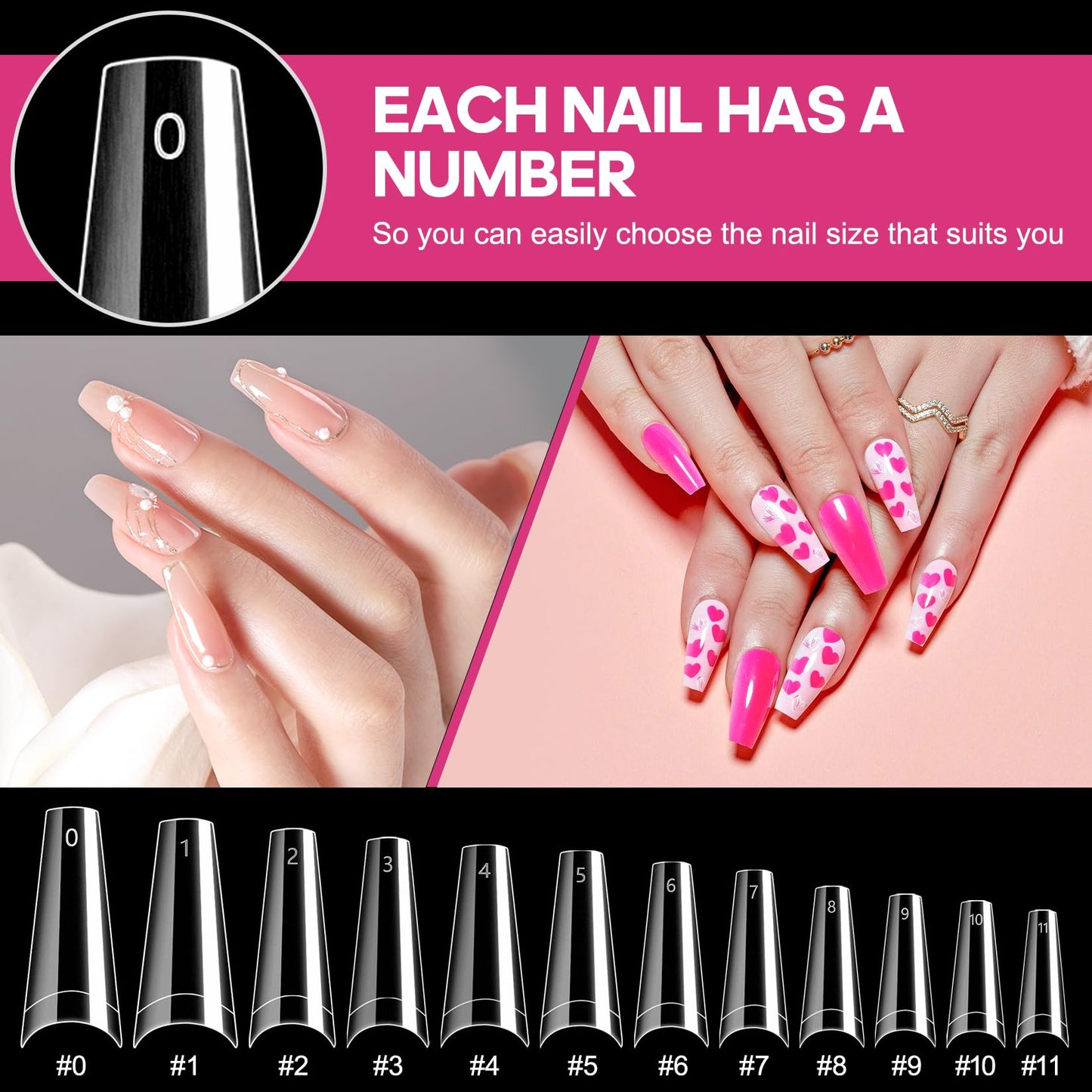 Krofaue 1200PCS Coffin Nail Tips, Clear & Natural Half Cover, 12 Sizes
