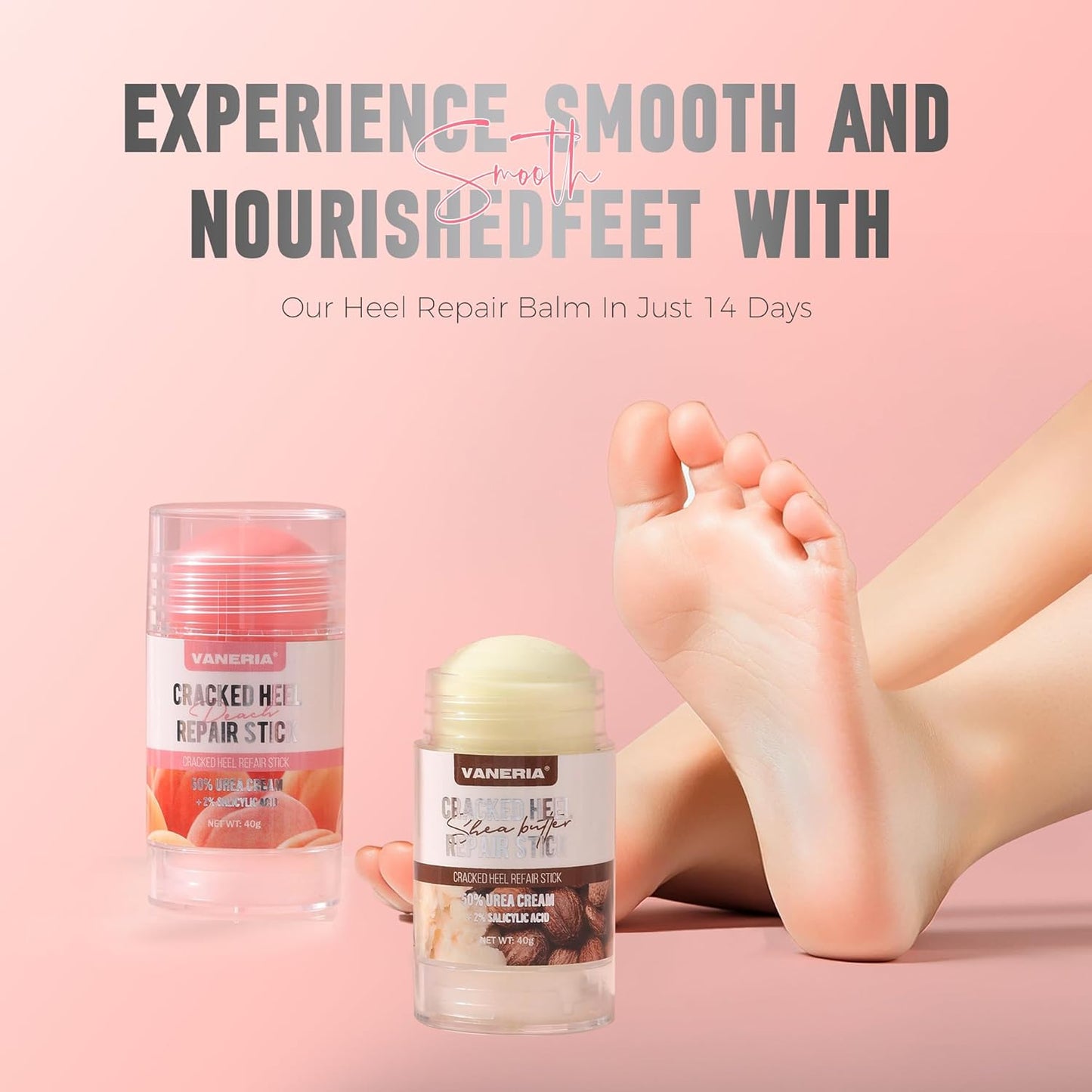 VANERIA 50% Urea Cream Stick - Cracked Heel Repair with 2% Salicylic Acid & Shea Butter | 40g Peach Scent