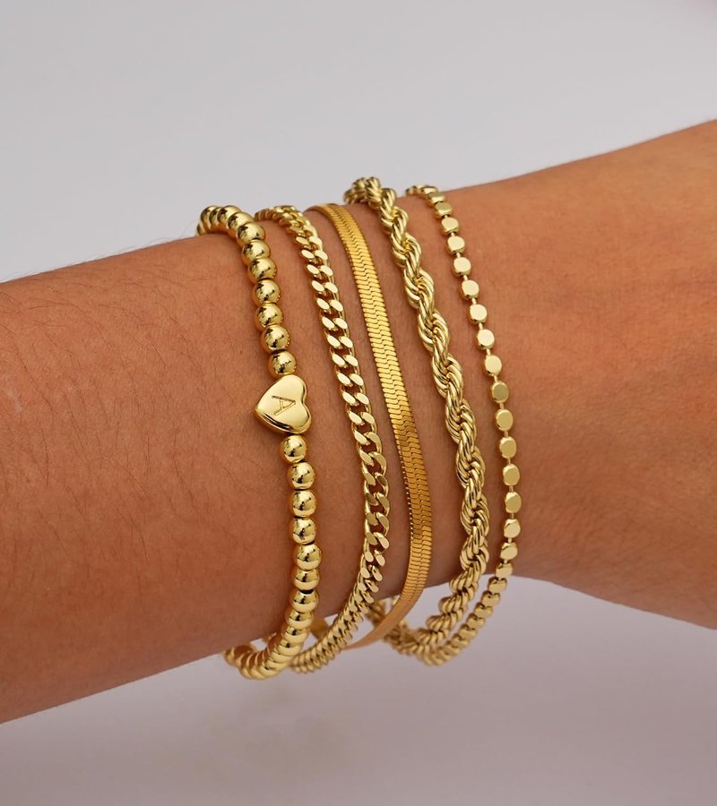 Gold Bracelets for Women - 14K Gold Plated Stackable Waterproof Set | Dainty Adjustable Heart Initial Charm Jewelry