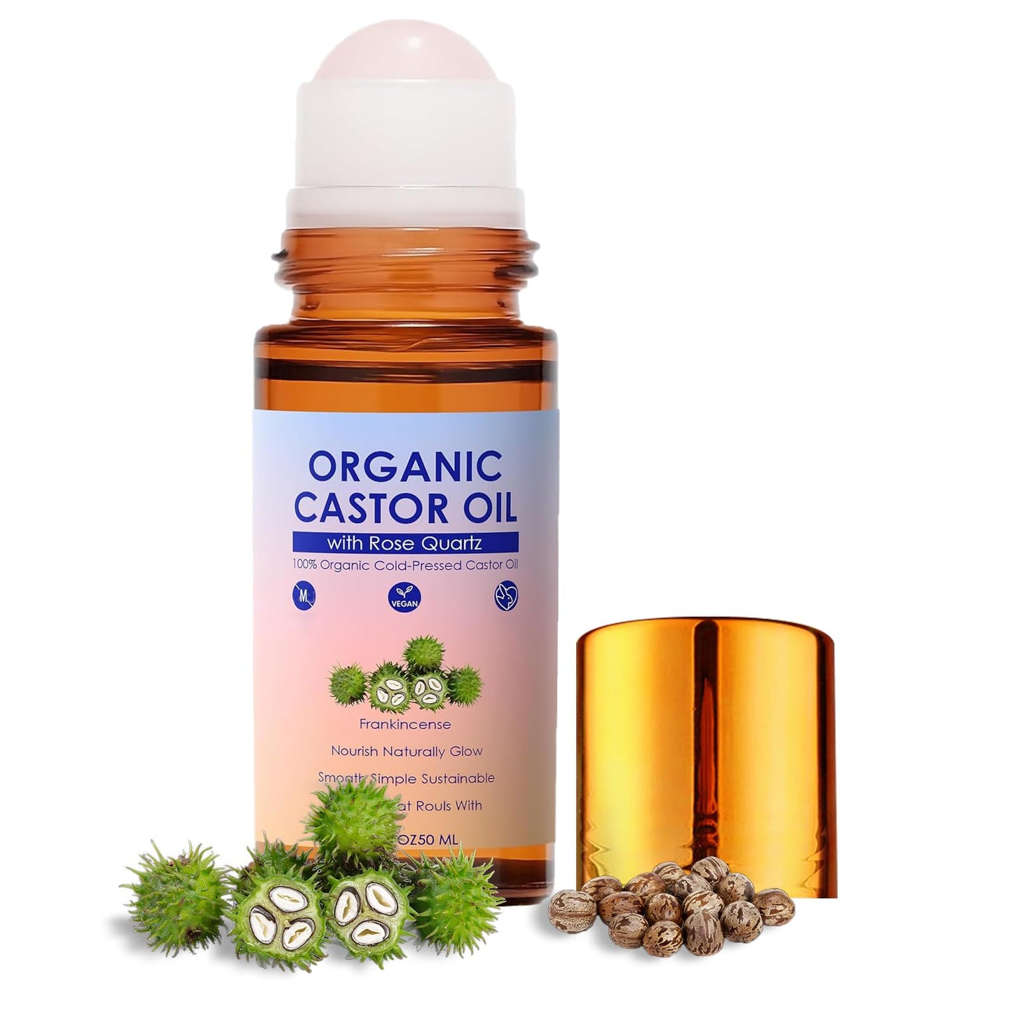 LHBMET Organic Castor Oil with Rose Quartz Roller, Cold-Pressed Pure Organic Castor Oil Roller Ball for Hair, Eyelashes, Eyebrows & Skin (1)