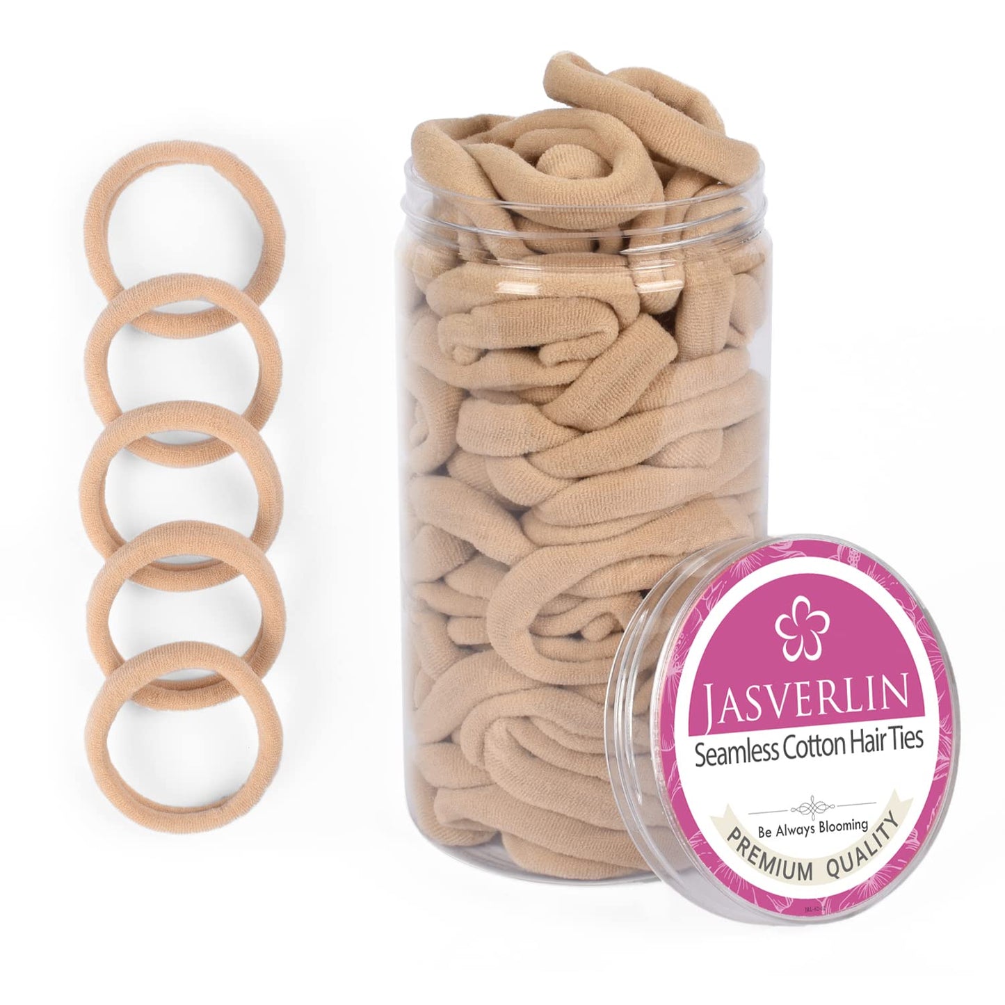 JASVERLIN Seamless Cotton Hair Ties - 100 Pcs Thick No-Damage Ponytail Holders | 1.5 Inch, 5 Colors