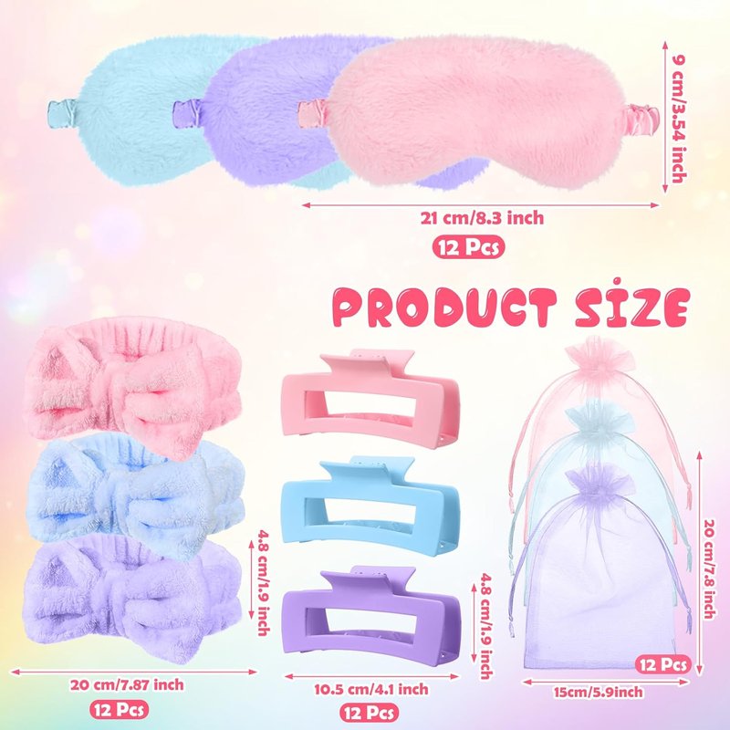 Spa Party Supplies - 48 Pcs Sleepover Essentials with Plush Eye Mask & Headband | Pink, Blue, Purple