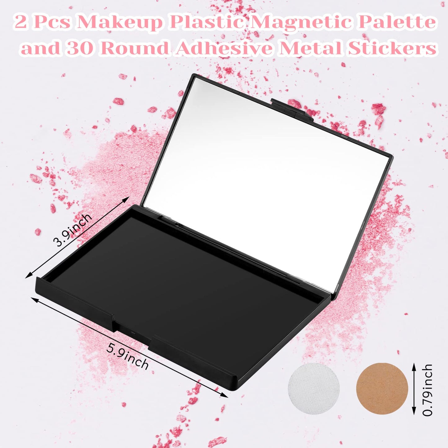 2 Pcs Makeup Plastic Magnetic Palette Magnetic Eyeshadow Empty Cream Blush Palette with Mirror and 30 Round Adhesive Metal Stickers for Eyeshadow Lipstick Blush Powder Foundation, Black