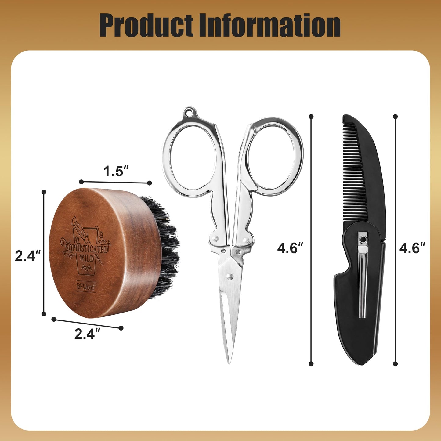 BFWood Beard Brush for Men - Natural Round Boar Bristles Brush Comb Set with Walnut Wood, Foldable Mustache Comb and Trimming Sissors, Small Beard Brush Grooming Mustaches Kit for Travel