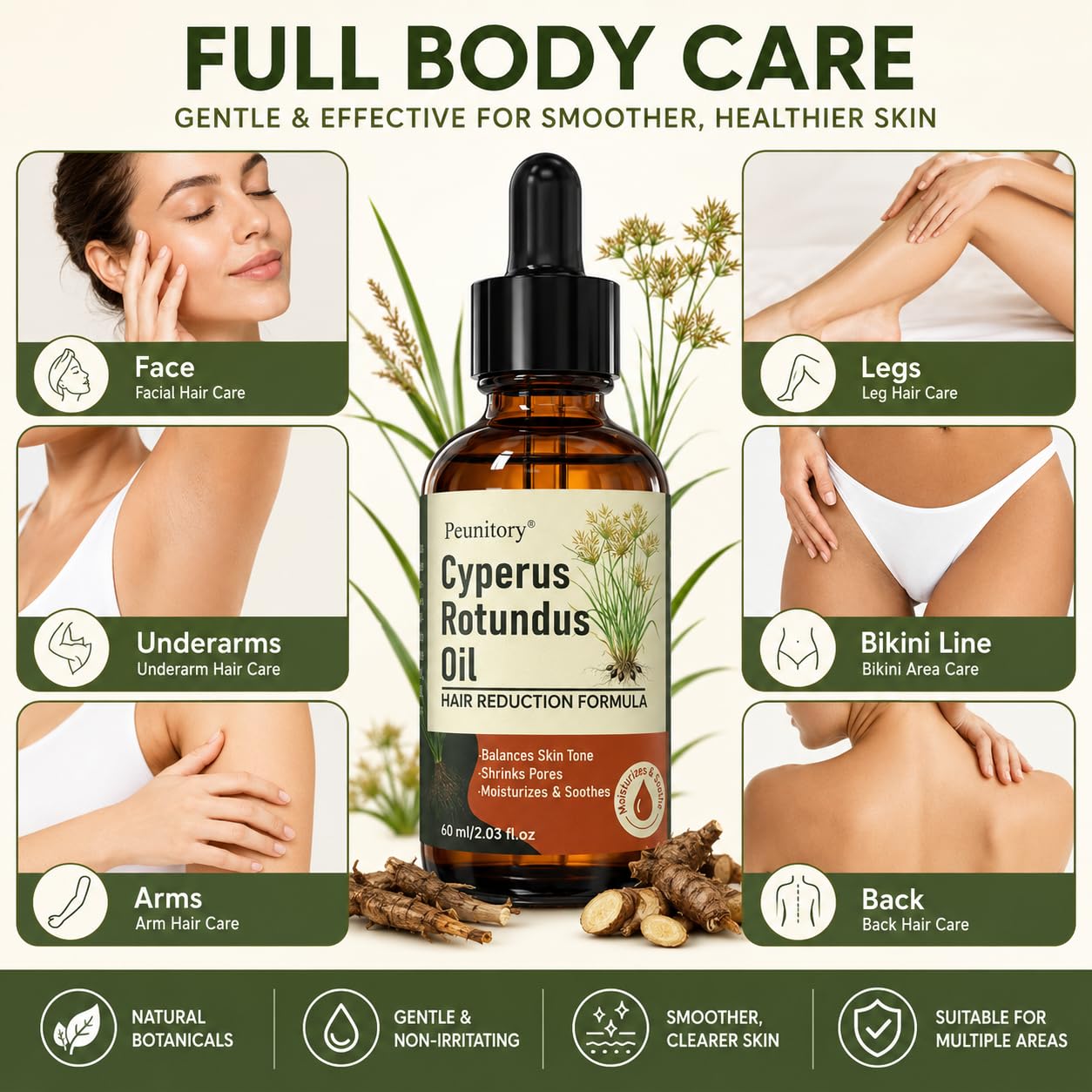 Cyperus Rotundus Oil - Natural Hair Removal & Growth Inhibitor | Reduces Ingrown Hairs & Razor Bumps, 2 Fl Oz