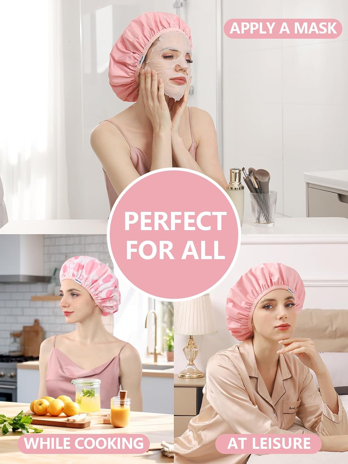 Reusable Waterproof Shower Caps for Women - Double Layer, Reversible Design | Soft Elastic Keeps Hair Dry