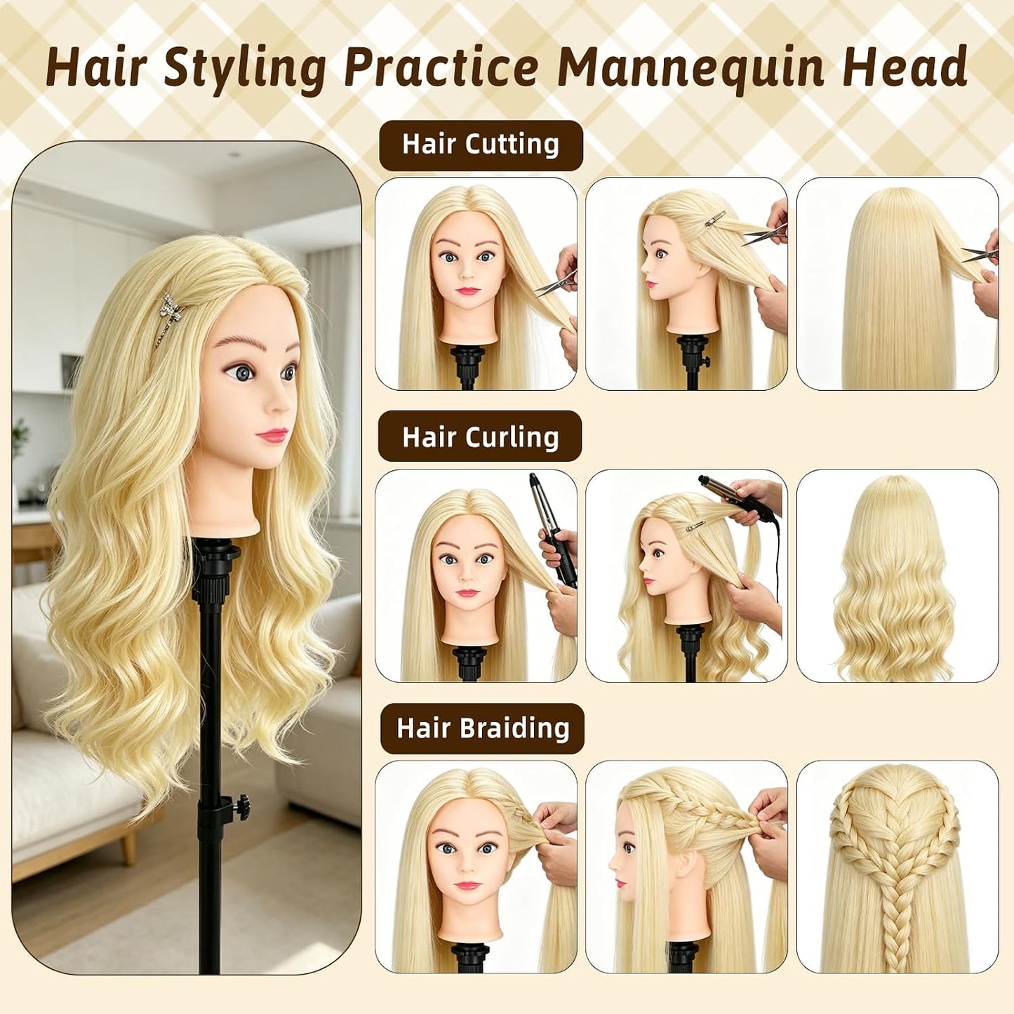 Mannequin Head - 90% Human Hair Styling Head for Cosmetology | 24" Off-White Hairdressing Training Doll with Clamp