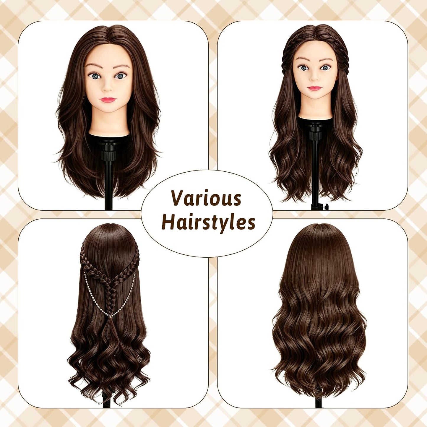 Mannequin Head - 90% Human Hair Styling Doll for Cosmetology | 24" Dark Brown Hairdressing Training Head with Clamp