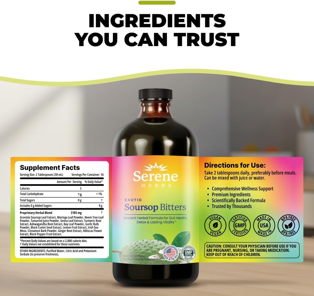 Soursop Bitters Liquid - Gut Cleanse & Detox with Black Seed, Moringa, Ashwagandha | 16 fl oz