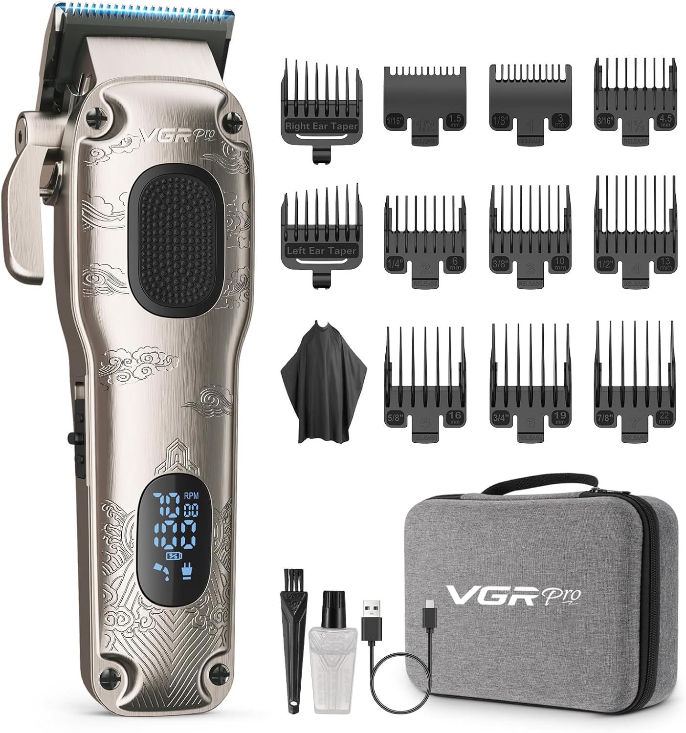 VGRPRO Hair Clippers for Men - Professional Cordless & Corded Grooming Kit | LED Battery Display, Golden Finish