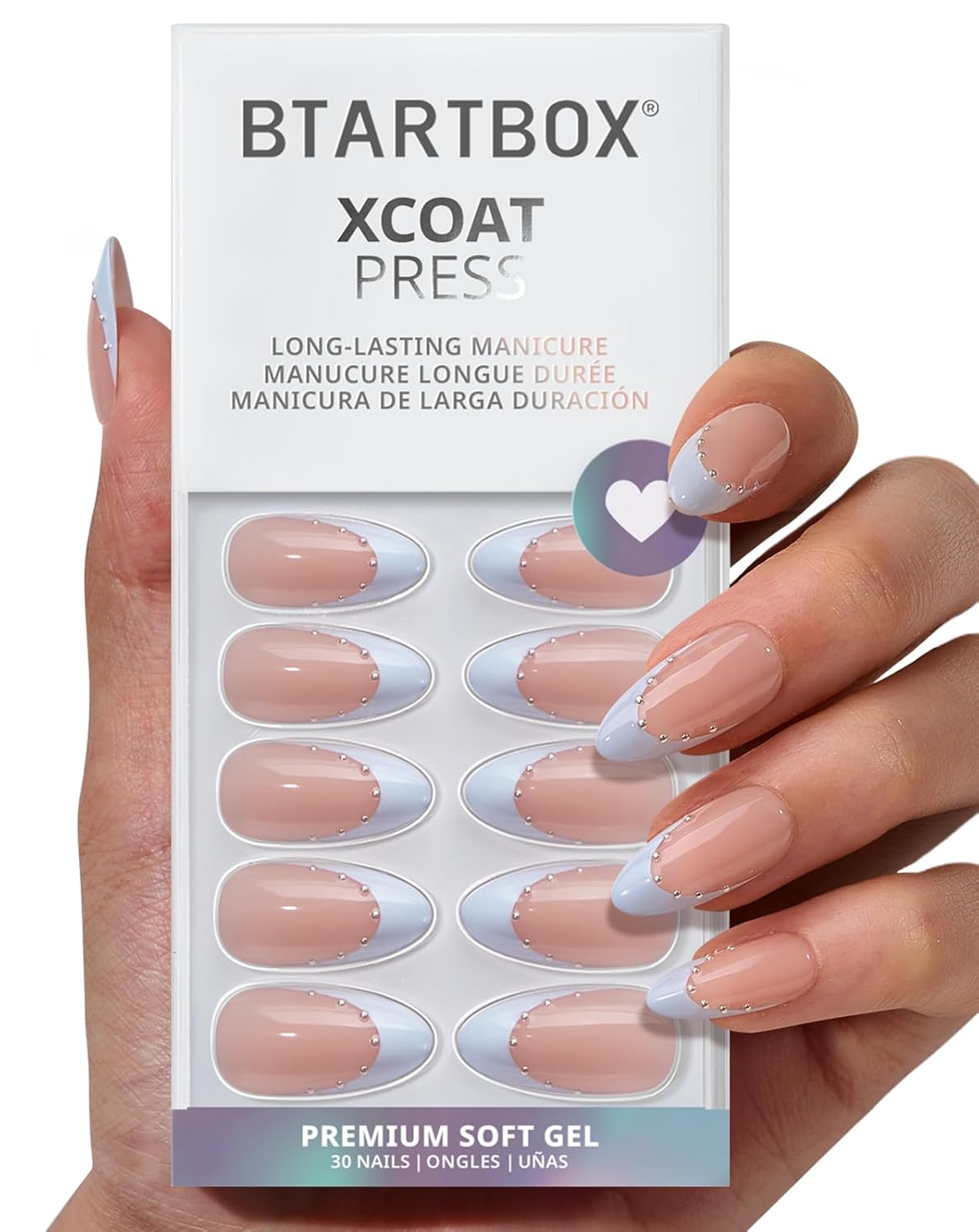 French Tip Press On Nails - Lamp-Curable 4-Week Wear White Short Almond | 32 Nails All-in-One Kit, Easy Application in 16 Sizes