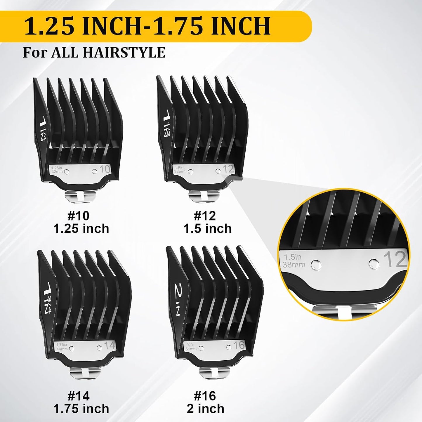 Professional Hair Clipper Guards - Metal Clip Combs for Wahl Clippers | 4 PCS Set in Black (1.25", 1.5", 1.75", 2")