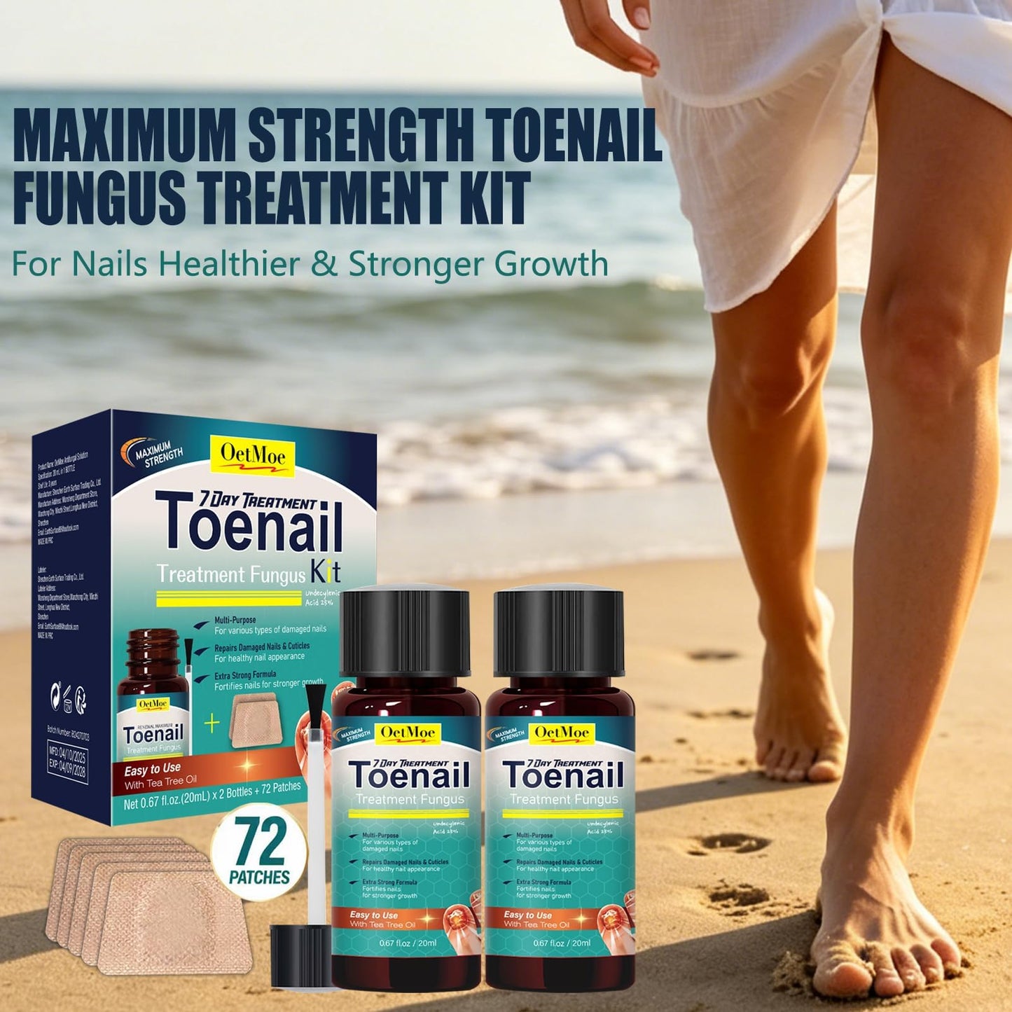 Toenail Treatment Extra Strength Kit, 7-Days Nail Treatment with 25% Undecylenic Acid & 72 Nail Patches, Repairs Yellow, Thick, Discolored & Broken Nails