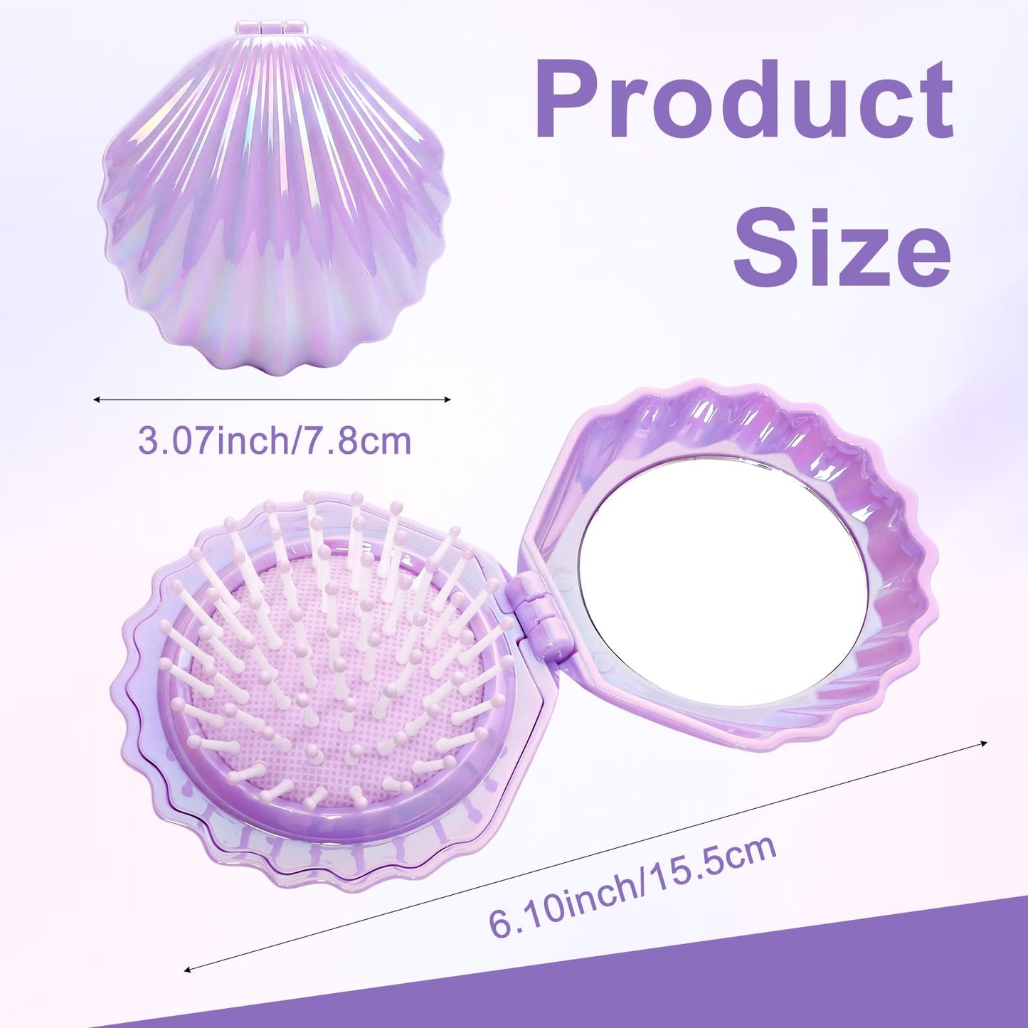 Heliltd 2 Pack Folding Hair Brush with Mirror, Iridescent Travel Hair Brush for Purse, Mini Portable Cushion Detangling Pocket Hairbrush for Women Girls, Shell Compact Mirror Brush (2, Pink Purple)
