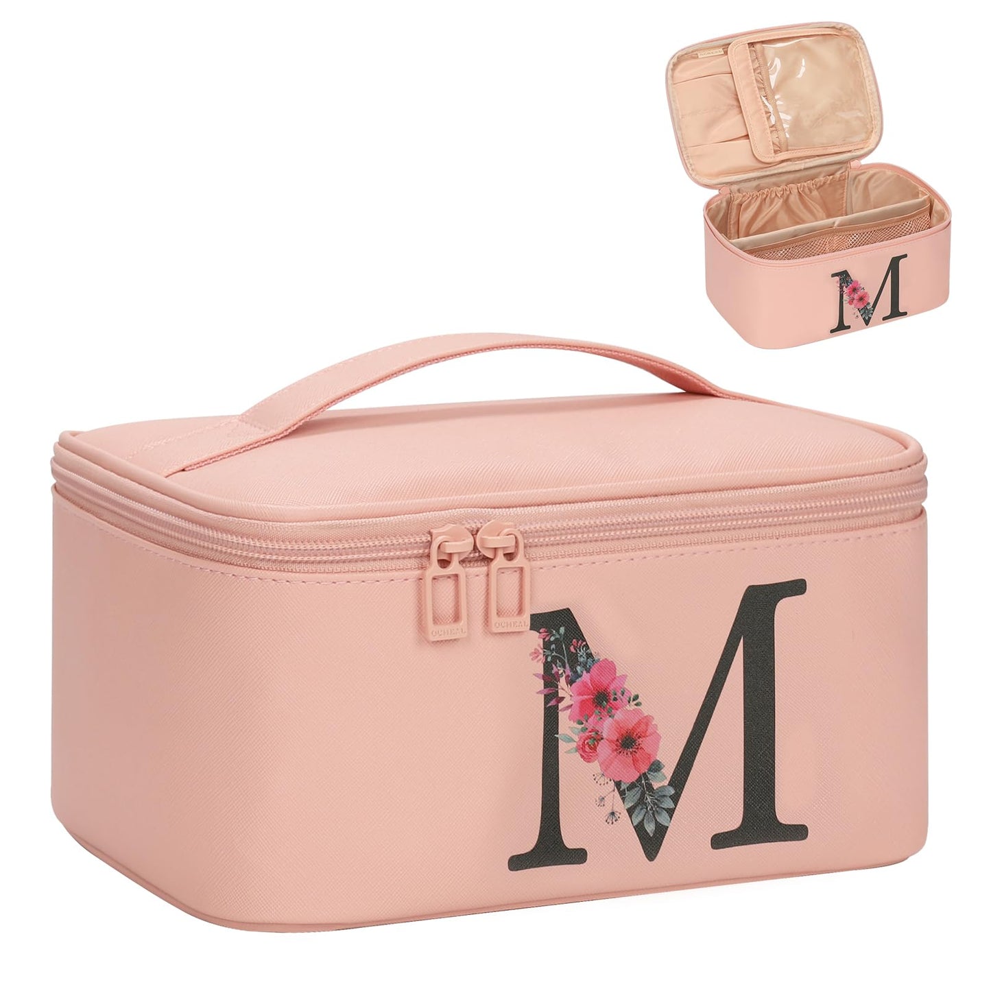 OCHEAL Initial Makeup Bag,Monogram Make up Bag Pink Travel Makeup Organizer Case Beauty Toiletry Cosmetic Bag with Brush Holder, Trendy Stuff Personalized Gifts for Women and Girls-M