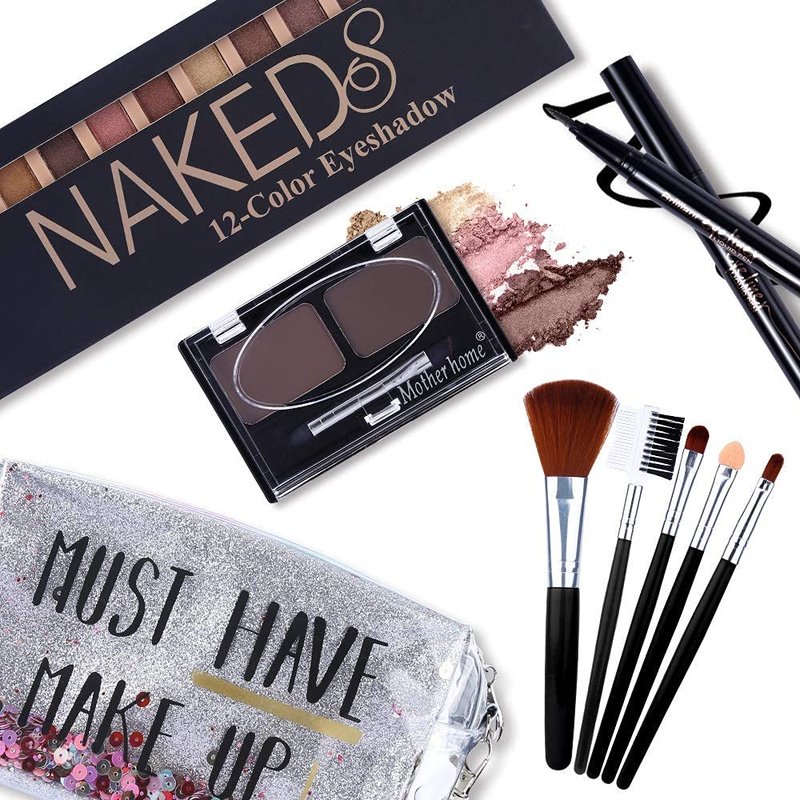 All-in-One Makeup Kit - 12 Color Nude Shimmer Eyeshadow Palette, Waterproof Eyeliner & Brushes | Quicksand Cosmetic Bag Gift Set