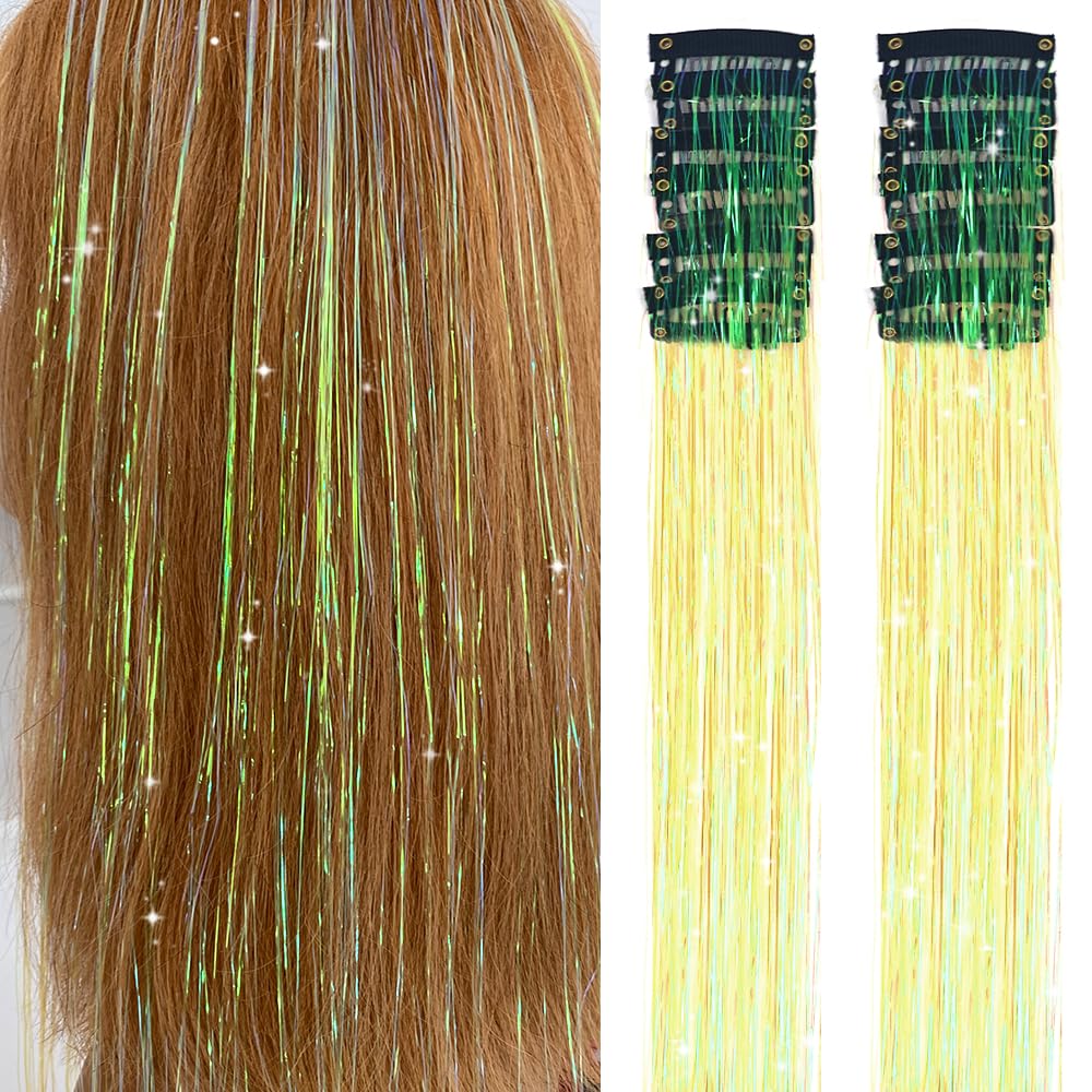 Clip In Hair Tinsel Extensions - 20 Inch Glitter Strands for Festivals | 12 Pcs Black Dazzle Kit for Women & Girls