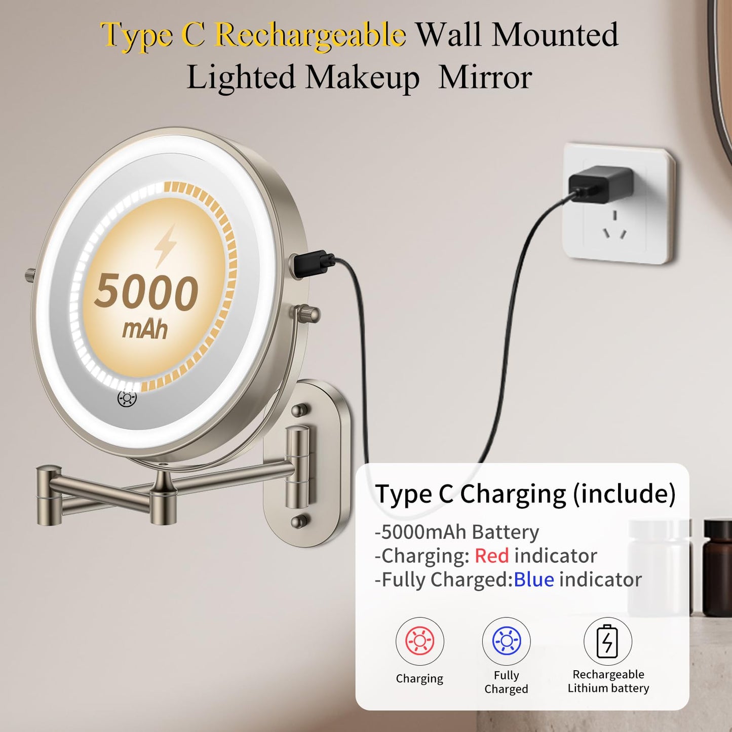 FUNTOUCH 3X/20X Wall Mounted Lighted Makeup Mirror,5000mAh Rechargeable Double Sided Magnifying Bathroom Mirror with Lights,3 Color Lighting,Touch Dimmable,Extended Arm 360 Rotation Light up Mirrors