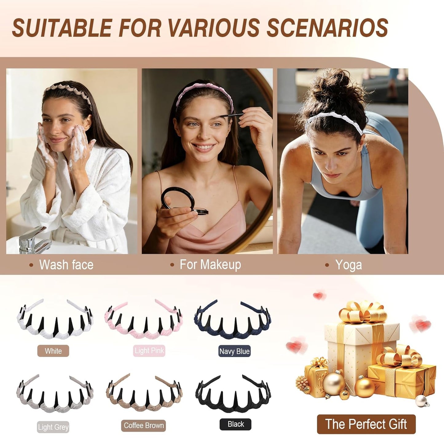 High Cranium Headbands for Women - Non-Slip Zig Zag Design | 6 PCS Reversible Vintage Hair Accessories