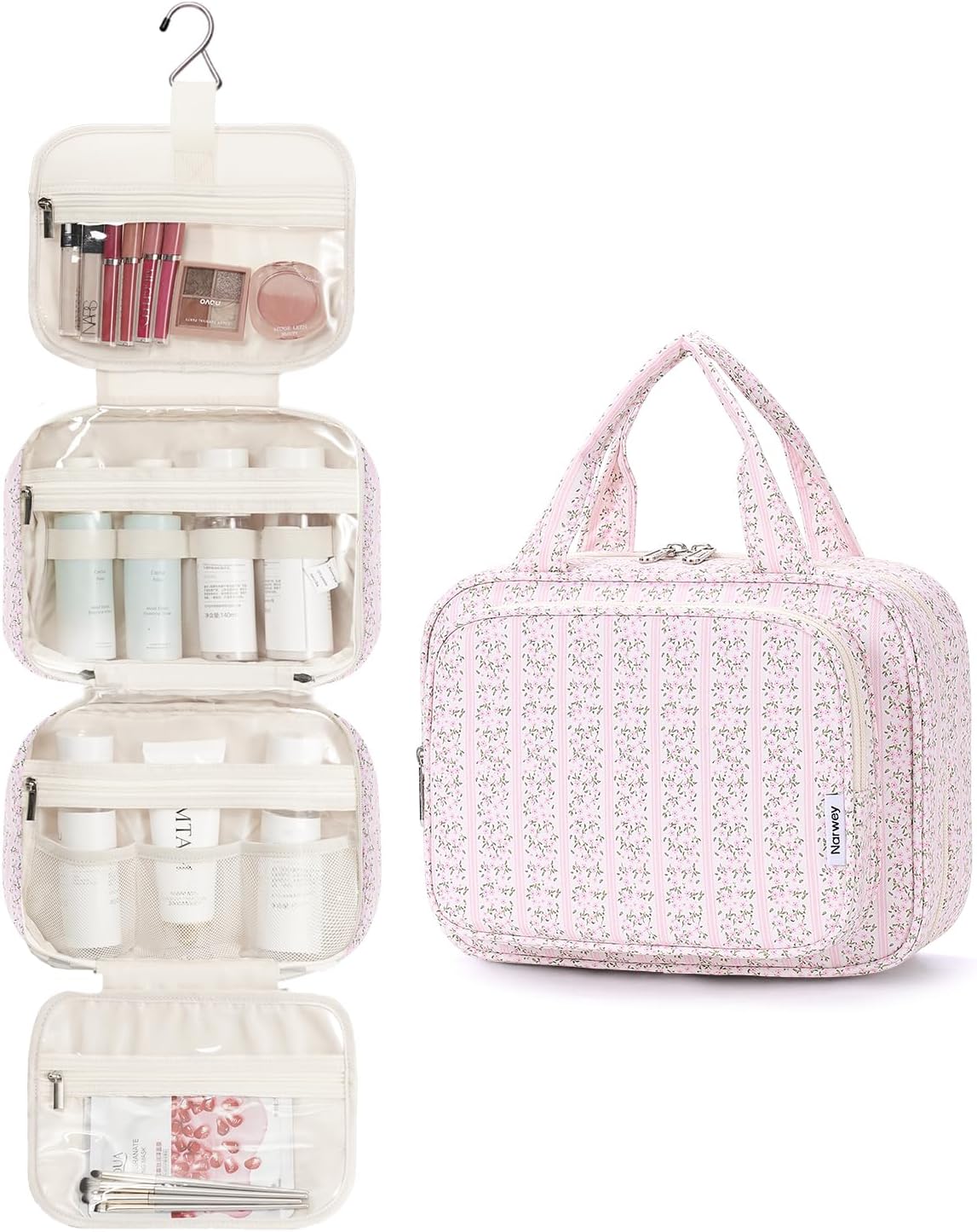 Narwey Hanging Toiletry Bag - Travel Makeup Organizer for Women | Medium Pink Flower Design