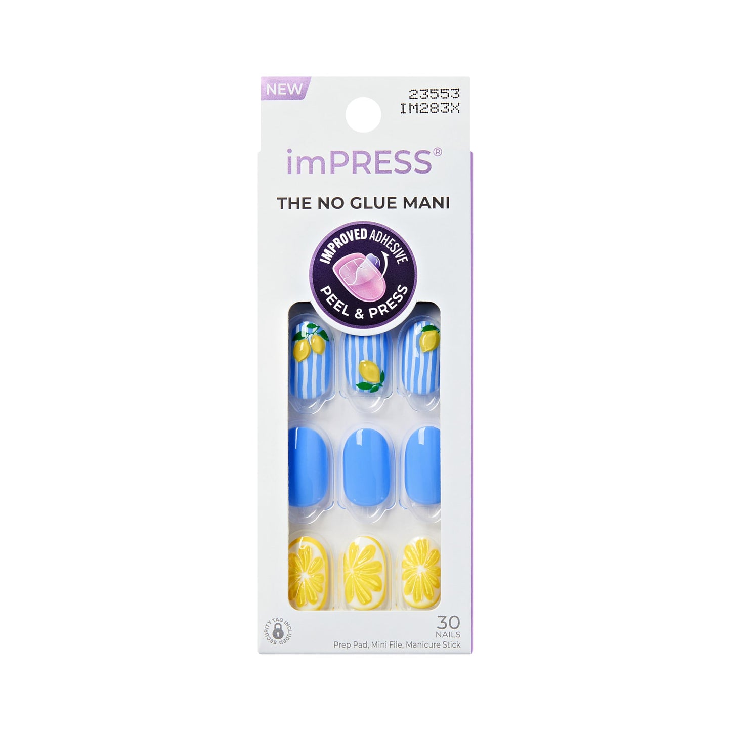 Kiss Impress No Glue Mani Press On Nails, Design, 'Cherie', Blue, Medium Size, Oval Shape, Includes 30 Nails, Prep Pad, Instructions Sheet, 1 Manicure Stick, 1 Mini File
