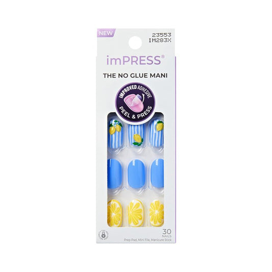 Kiss Impress No Glue Mani Press On Nails, Design, 'Cherie', Blue, Medium Size, Oval Shape, Includes 30 Nails, Prep Pad, 1 Manicure Stick, 1 Mini File