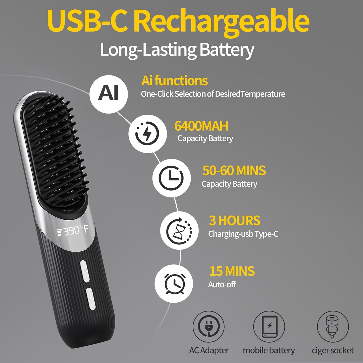 Cordless Hair Styling Brush - 2-in-1 AI Smart Styler with Fast Heat | USB Rechargeable, Portable Travel Comb (Black)