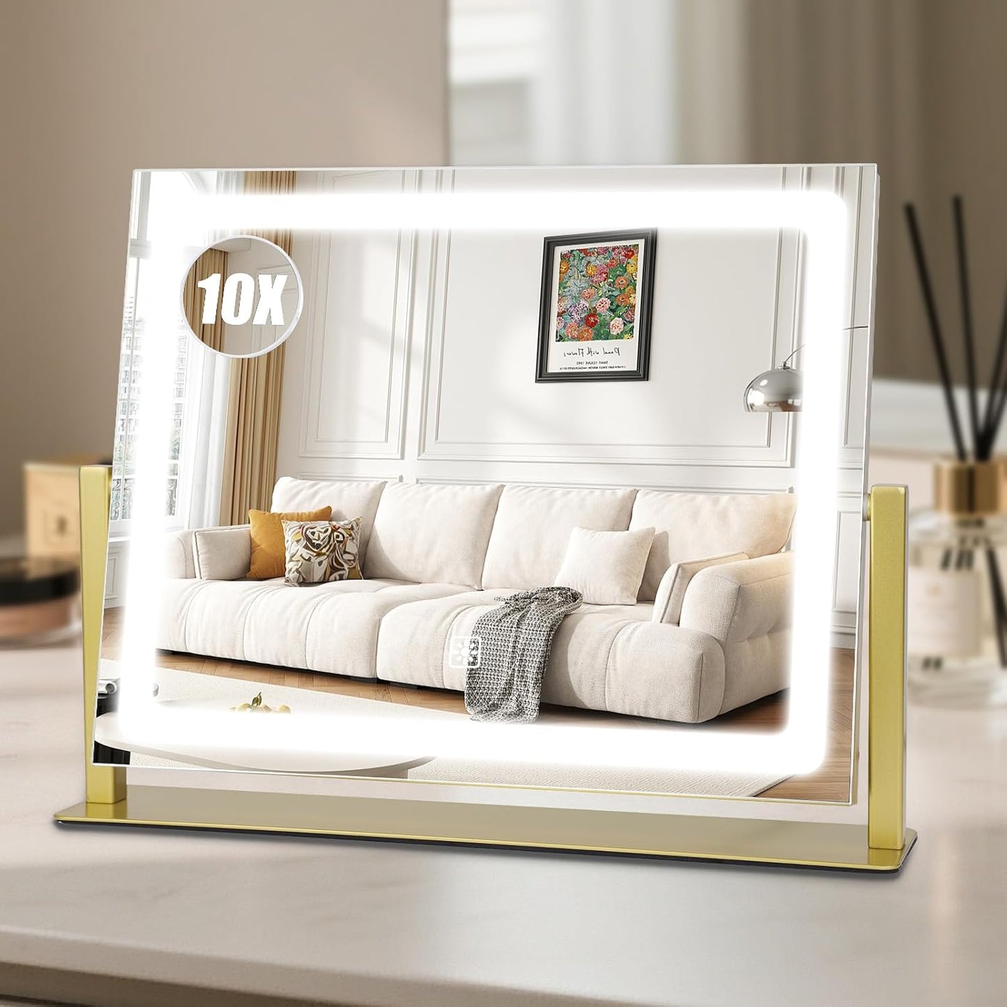 Rechargeable Makeup Mirror with Lights - 10"×8" Dimmable HD Vanity Mirror | Smart Touch, 3-Color Lighting, Portable Travel Essential
