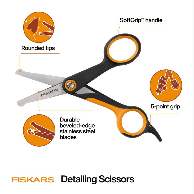 Fiskars Pet, Dog & Cat Grooming Scissors, Rounded Tips & SoftGrip Handle, Cat and Dog Supplies, 5.5”, Orange/Black, Detailing Scissors