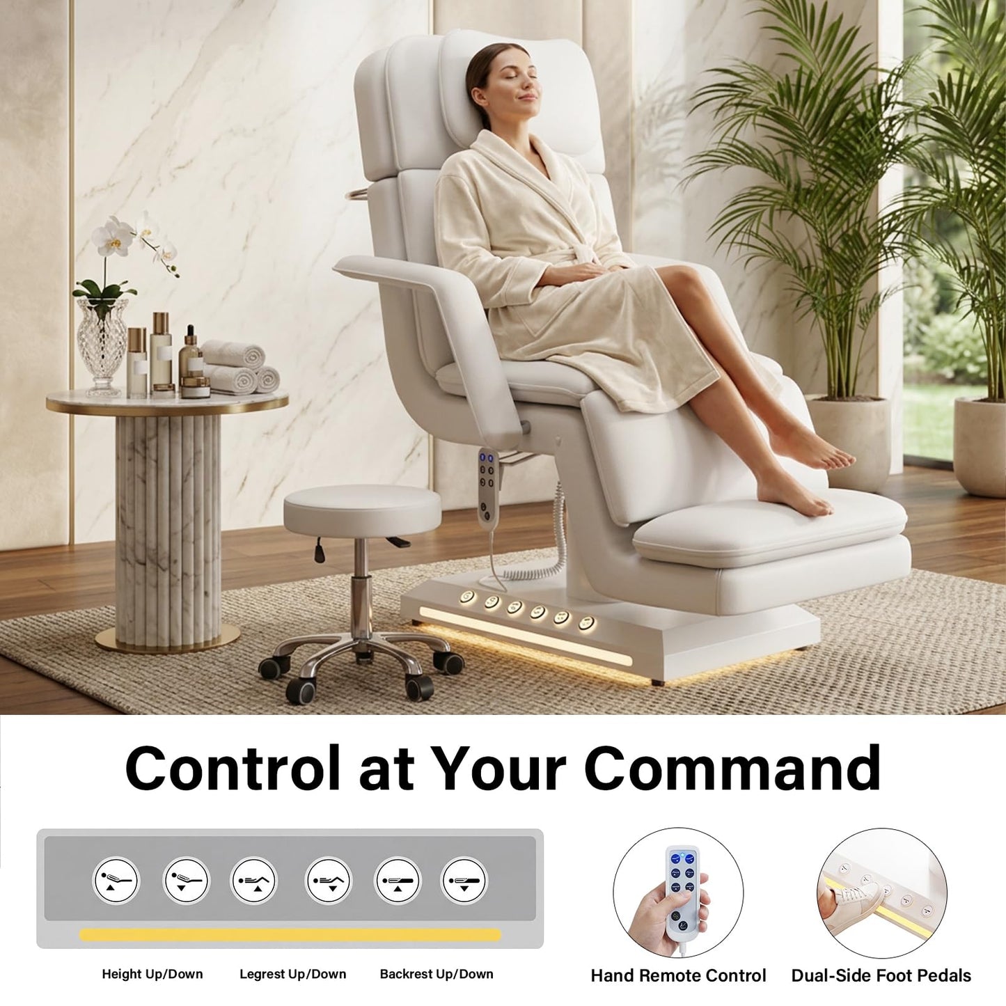 HolaiNail Electric Massage Table w/Stool, 3 Motor Professional Spa Bed, Foot Pedal & Remote Control, Height Adjustable Wide Facial Table for Salon & Spa (White | with Rolling Stool)