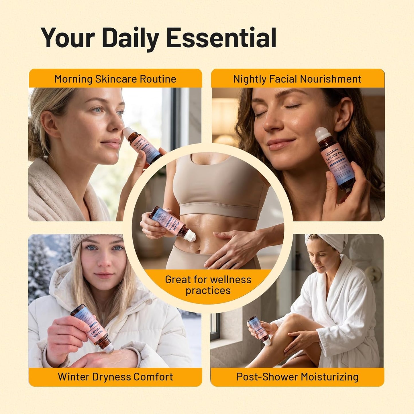 Rose Quartz Face Roller - 100% Pure Organic Castor Oil Serum for Fine Lines, Wrinkles & Puffiness | Self-Care Gift for Women 35+ - 1.72oz