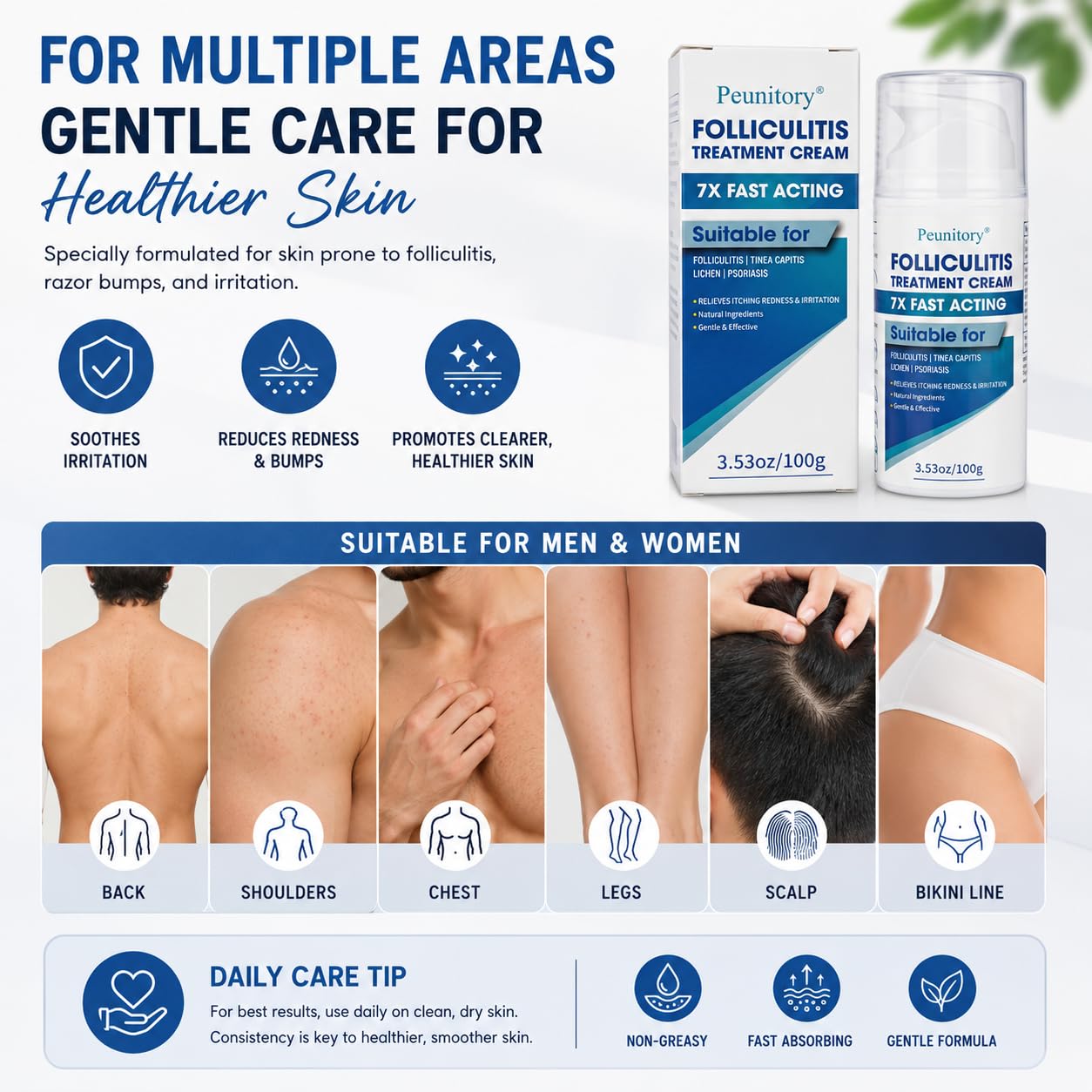 Folliculitis Treatment Cream - 5% Benzoyl Peroxide for Scalp & Body Bumps | Fast Relief for Itching & Redness, 3.53 oz