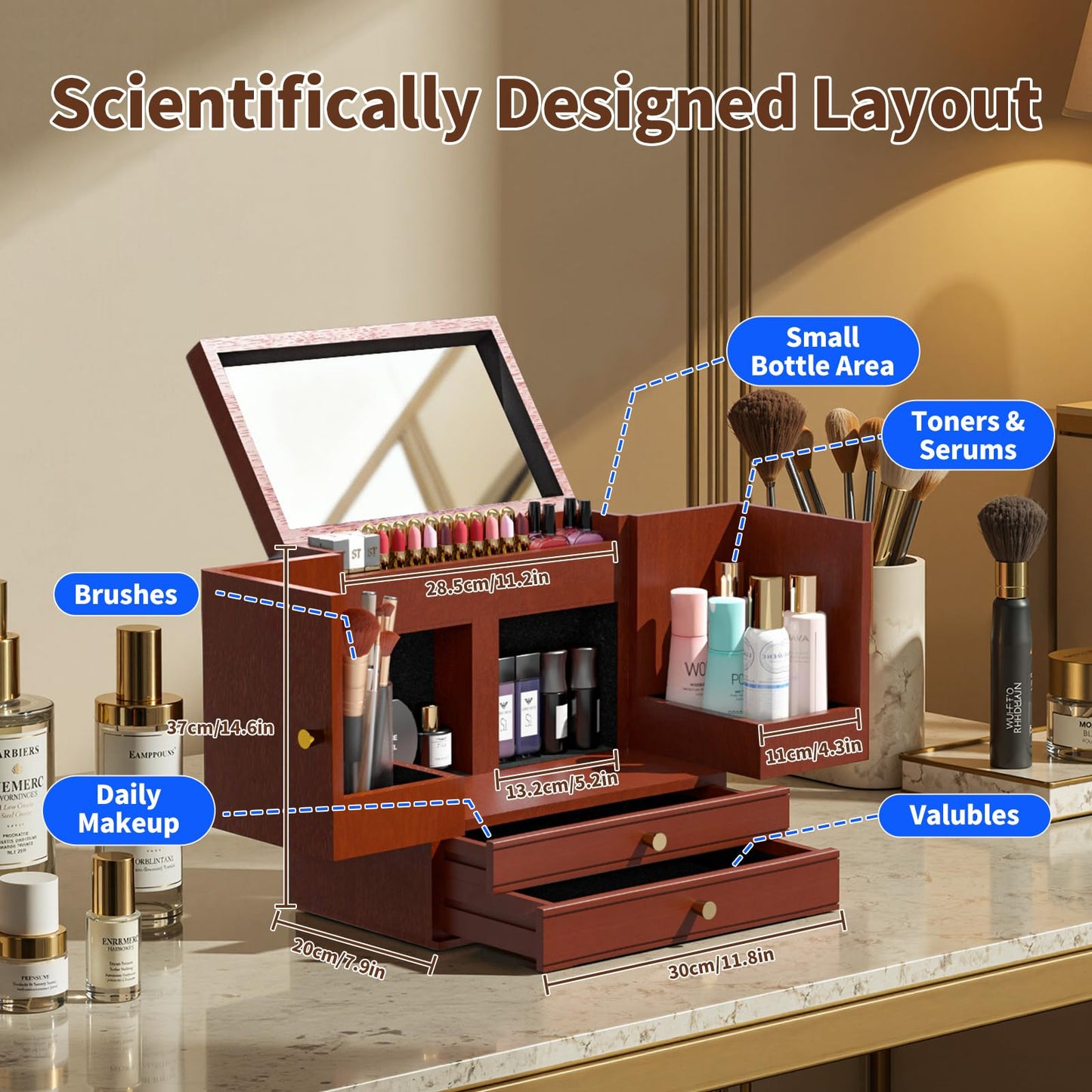 TIRYIUOU Makeup Organizer Countertop with Drawers: Wooden Multifunctional Dresser Top Cosmetics Storage Tabletop Skin Care Organizer Shelf for Desktop, Skincare, Beauty Supplies, Cosmetics Display