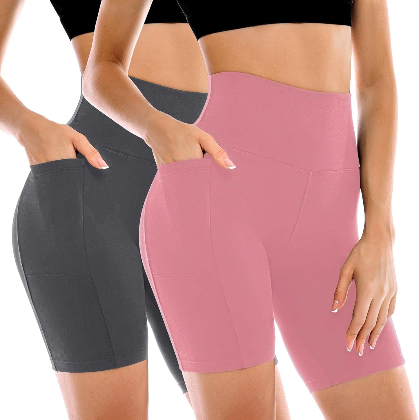 High Waisted Tummy Control Biker Shorts for Women - 2 Pack with Pockets | Yoga & Workout Gear