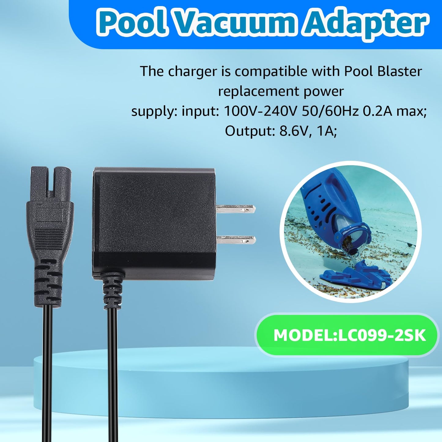 Norward 8.6V Charger for Pool Blaster Cordless Pool Vacuum Compatible with Pool Blaster LC099-2SK 22151EL 21051DL 26050SL 26051SL,Pool Vacuum Charger Supply,2 Prong AC DC Power Cord