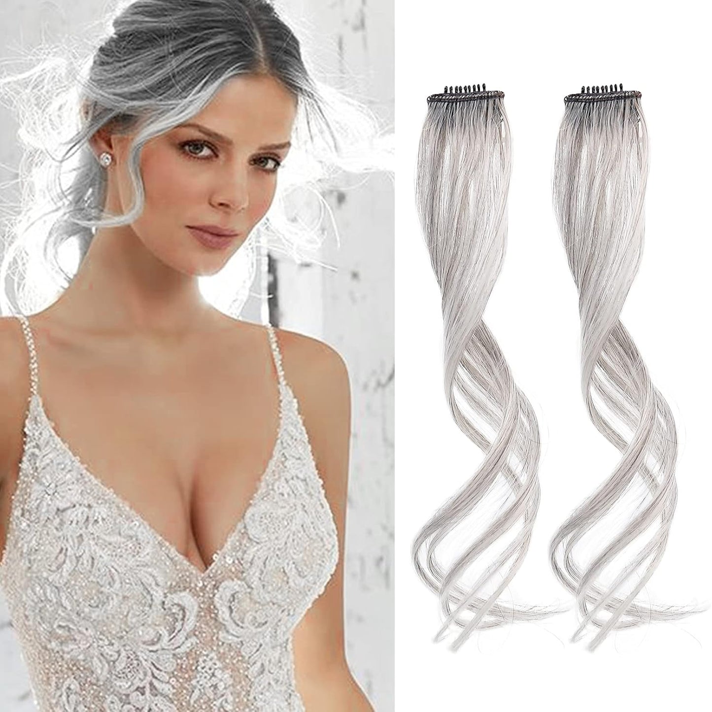 Long Side Air Bangs - Wavy Curly Clip-In Curtain Bangs for Women | 12 Inch Face-Framing Highlights in Grey/Brown/Silver/White