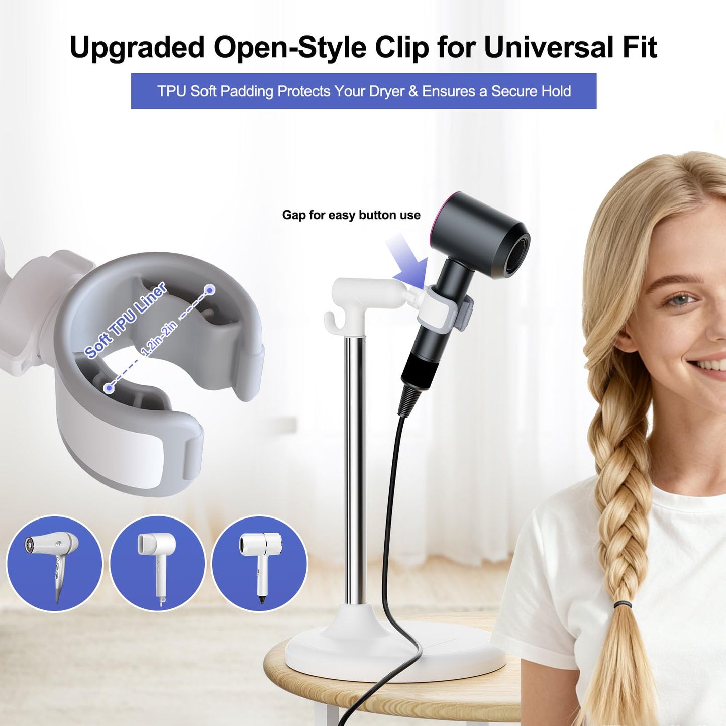SENWELL-KA Hair Dryer Stand with 360 Rotating Head, Hands Free, Large Hook,Heavy Duty Base, Adjustable Height, TPU Padded Clip, Aluminum Alloy Holder for Home or Salon (White)