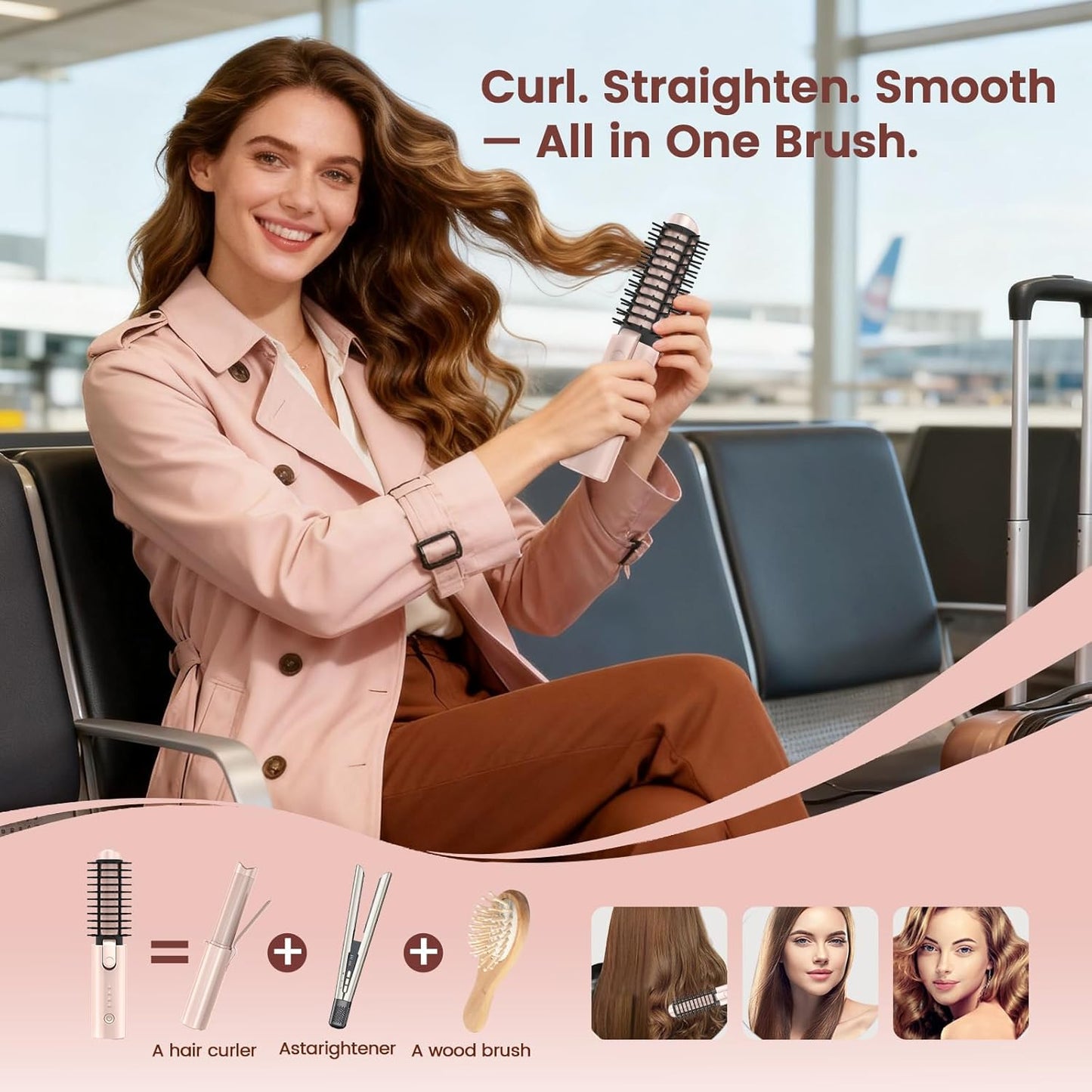 Youbella Cordless Hair Curling Iron Brush - 3-in-1 Mini Heated Round Brush | Portable USB Rechargeable, Pink