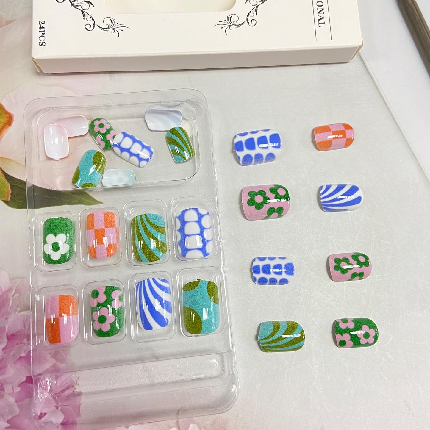 Colorful Press-On Nails - 24Pcs Short Square Acrylic Nails with Flower & Stripe Designs | Glossy Full Cover
