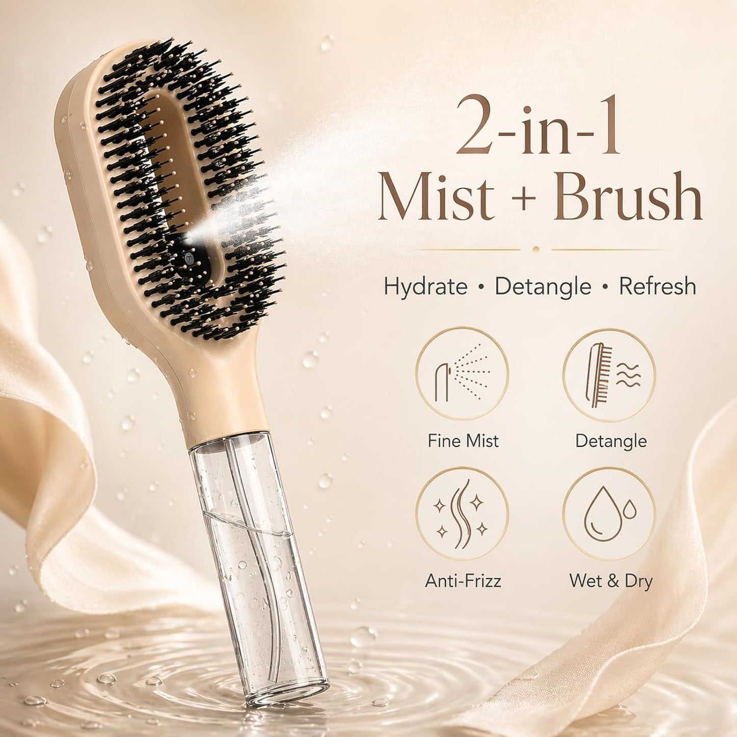 Misting Hair Brush - 2-in-1 Detangling Wet & Dry Hairbrush for Curly & Thick Hair | Refillable Water Spray, Anti-Frizz (Khaki)