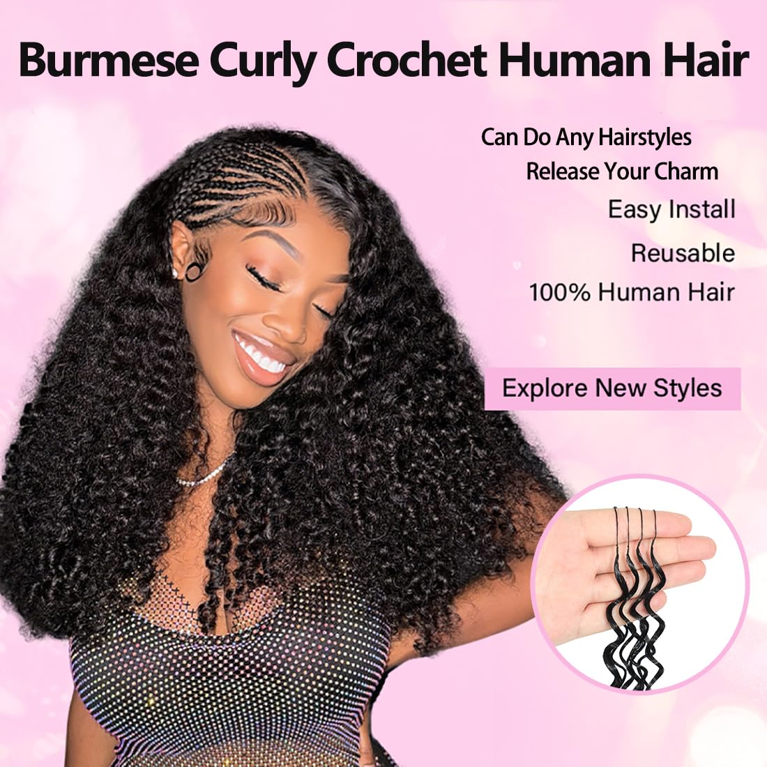 Human Crochet Hair for Black Women 16 Inch Chocolate Brown 4# Color Burmese Curly Human Hair Bundles Pre-Separated Miracle Knots Crochet Human Hair Reusable Hair Extensions 120g 100 Strands