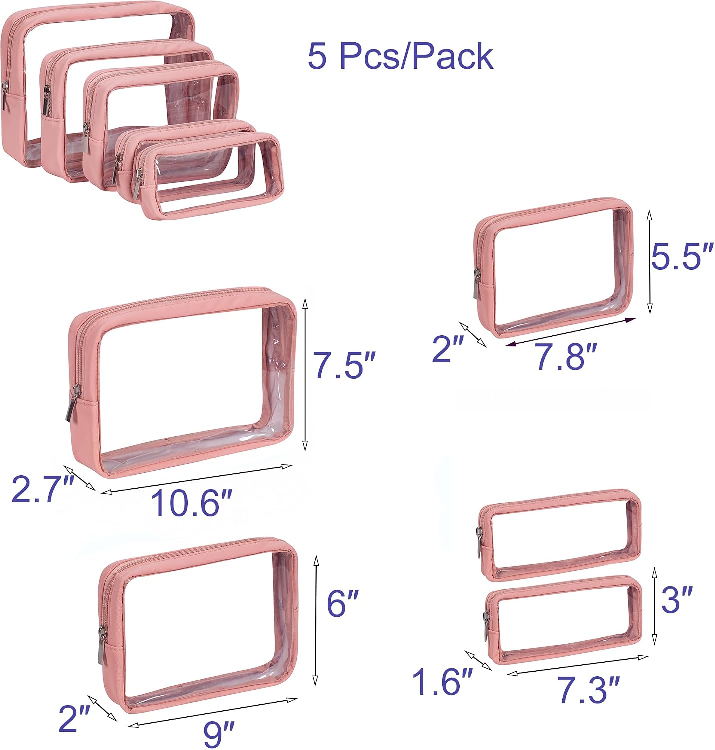 TSA Approved 5-Piece Diaper Bag Organizer Set - Clear Waterproof TPU Travel Packing Cubes for Baby (Pink Leather)