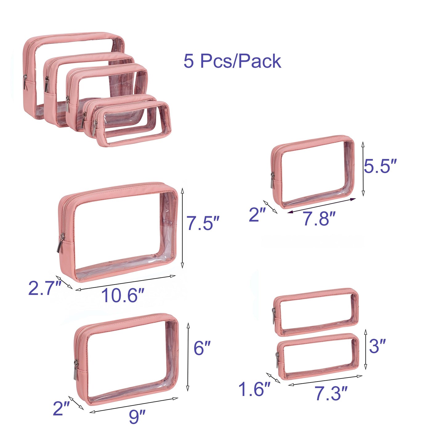 Remobia Hicol TSA Approved 5-Piece Diaper Bag Organizer Pouch Set Clear Waterproof TPU Kids Toiletry Storage Set Travel Packing Clutch Cube Bags for Baby Nursing (Pink Leather)