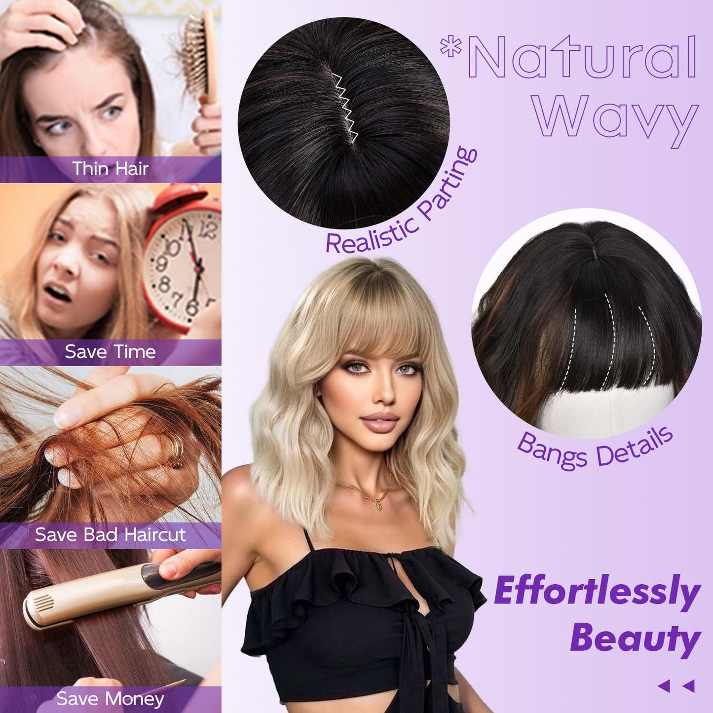 Short Wavy Wig with Bangs - Natural Curly Synthetic Hair for Daily Wear | 14-Inch Brown Highlight