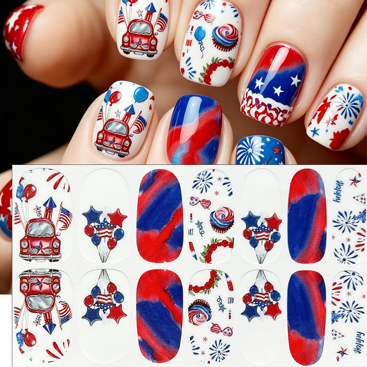 4th of July Gel Nail Stickers Star American Flag Design Independence Day Gel Nail Polish Strips Firework Balloon Patriotic Full Nail Wrap Decals Holiday Nail Strips Stickers for Women Manicure 4Sheets